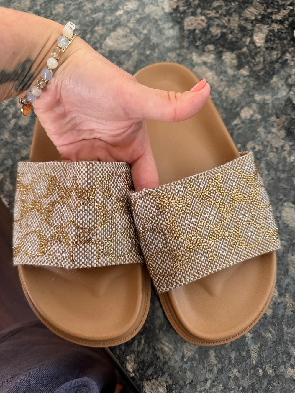 Women’s Tan Slide Sandals with Gold Accent Strap